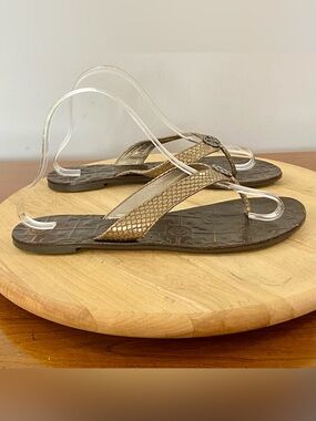 Tory Burch Thora Thong Flip Flop Sandals Snakeskin Brown Leather Metallic Sz 9 M